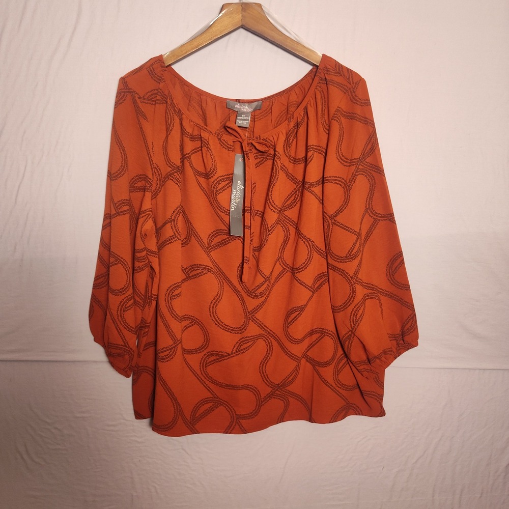 Olivia & Martin Burnt Orange Chain Link Print Blouse 2X Tie Neck 3/4 Sleeve